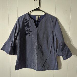 Tacera Blue Striped Embroidered Floral Blouse Women - Size S #I8